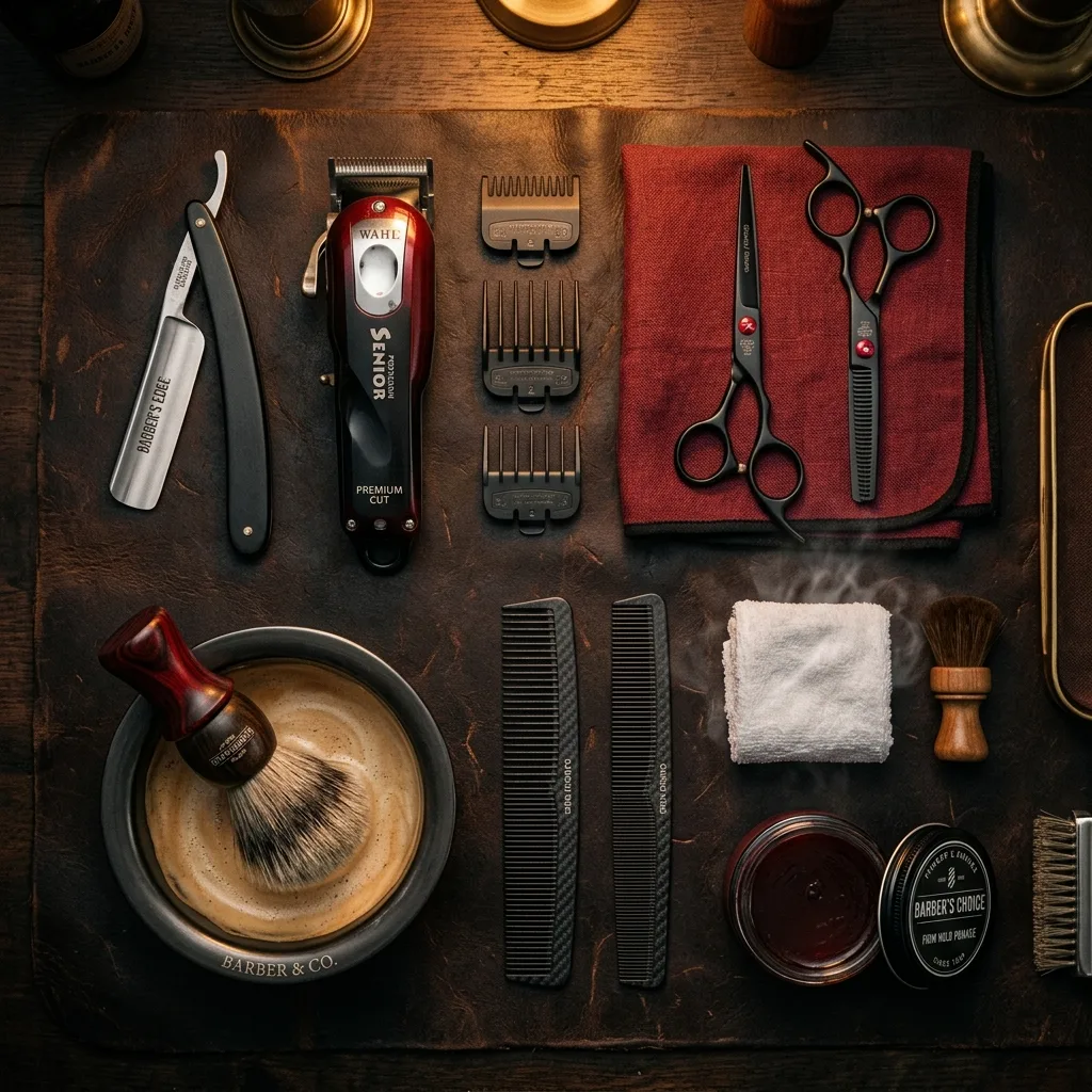 Professional barber tools at Master Cut barbershop Plymouth - clippers scissors straight razor
